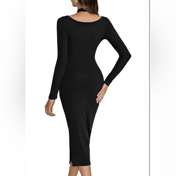 Women's Long Sleeve Crisscross Halter V-Neck Bodycon Split Midi Dress - Picture 2 of 11